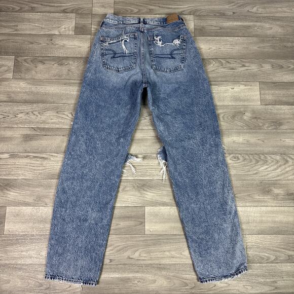 American Eagle Baggy Jeans Straight Leg High Rise Ripped Medium Wash sz 4 - Picture 7 of 8